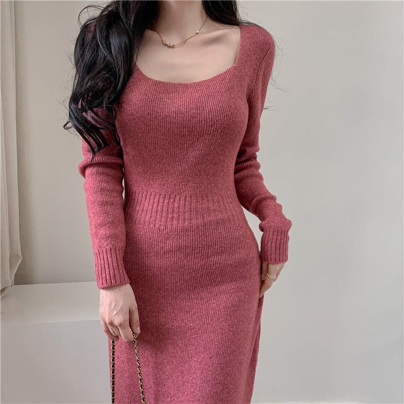 Square Collar Knitted dress Women's Autumn and Winter Design Feeling Base Skirt Tight Waist Slimming Long Skirt - Cozy & Co. Market