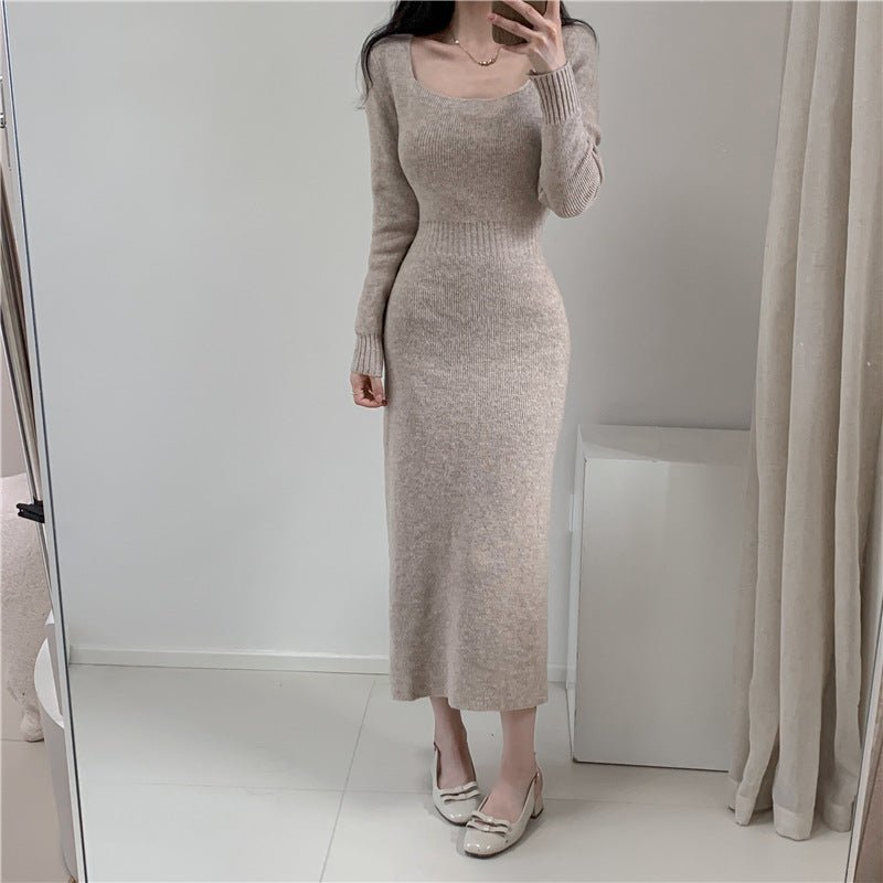 Square Collar Knitted dress Women's Autumn and Winter Design Feeling Base Skirt Tight Waist Slimming Long Skirt - Cozy & Co. Market
