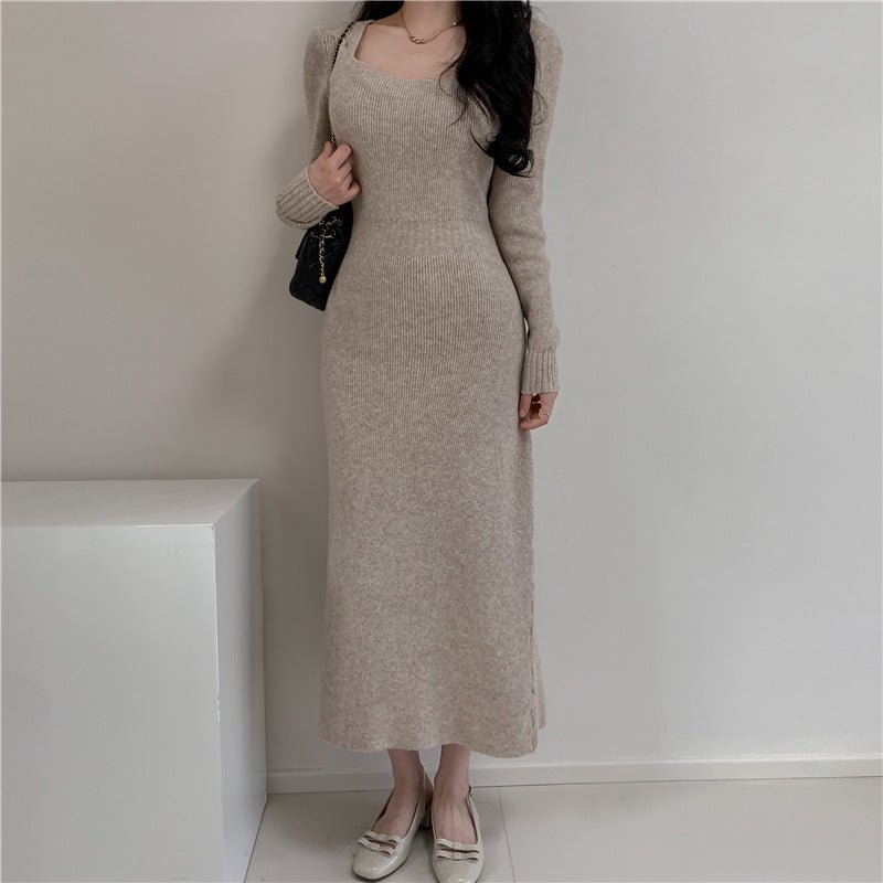 Square Collar Knitted dress Women's Autumn and Winter Design Feeling Base Skirt Tight Waist Slimming Long Skirt - Cozy & Co. Market