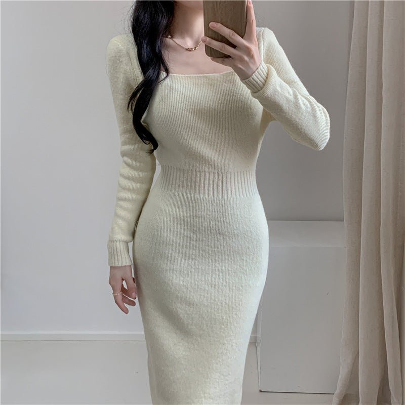 Square Collar Knitted dress Women's Autumn and Winter Design Feeling Base Skirt Tight Waist Slimming Long Skirt - Cozy & Co. Market