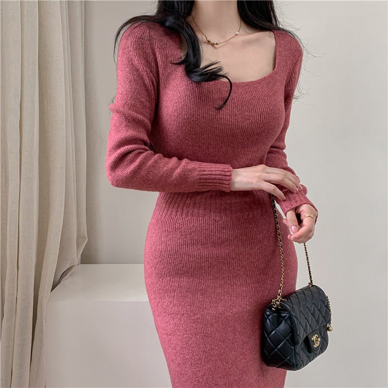 Square Collar Knitted dress Women's Autumn and Winter Design Feeling Base Skirt Tight Waist Slimming Long Skirt - Cozy & Co. Market