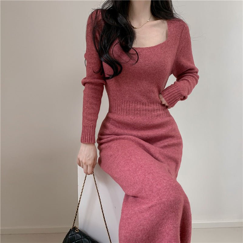 Square Collar Knitted dress Women's Autumn and Winter Design Feeling Base Skirt Tight Waist Slimming Long Skirt - Cozy & Co. Market