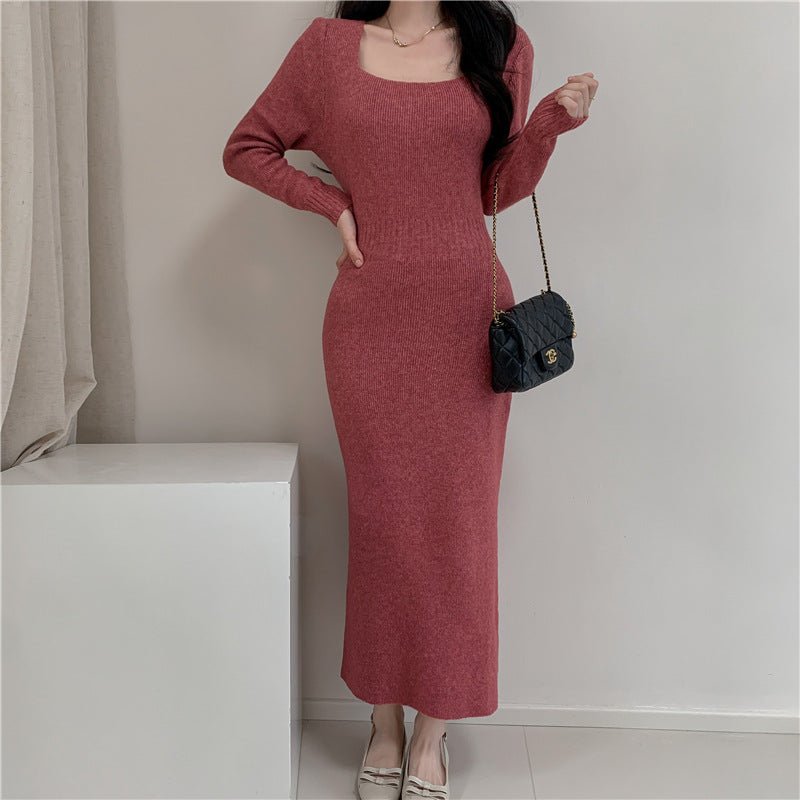 Square Collar Knitted dress Women's Autumn and Winter Design Feeling Base Skirt Tight Waist Slimming Long Skirt - Cozy & Co. Market