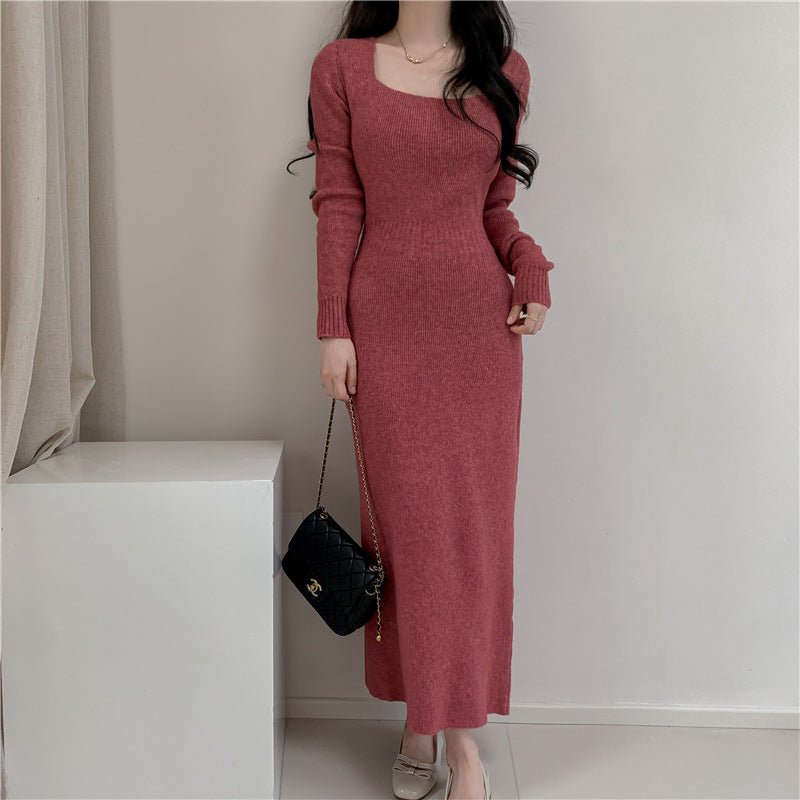 Square Collar Knitted dress Women's Autumn and Winter Design Feeling Base Skirt Tight Waist Slimming Long Skirt - Cozy & Co. Market