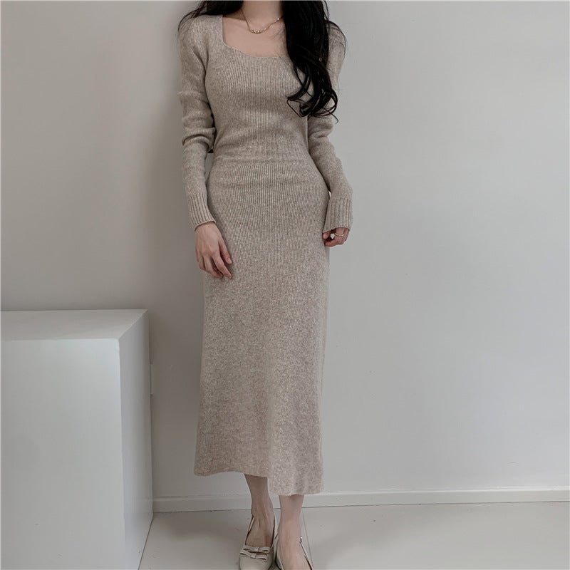 Square Collar Knitted dress Women's Autumn and Winter Design Feeling Base Skirt Tight Waist Slimming Long Skirt - Cozy & Co. Market