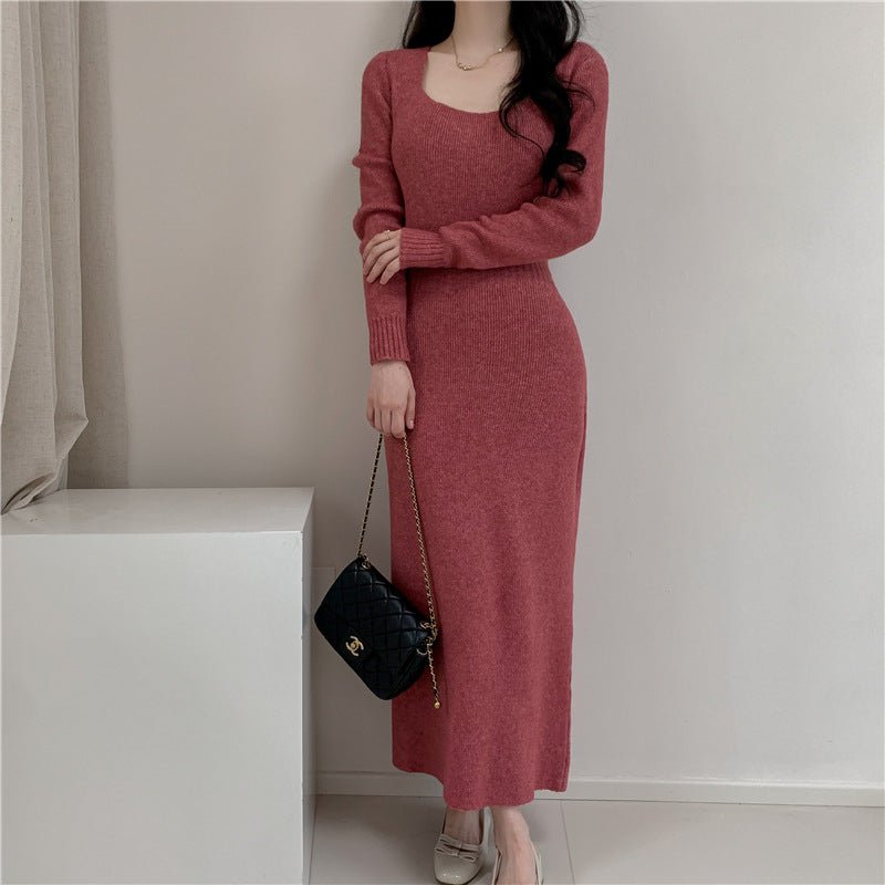 Square Collar Knitted dress Women's Autumn and Winter Design Feeling Base Skirt Tight Waist Slimming Long Skirt - Cozy & Co. Market