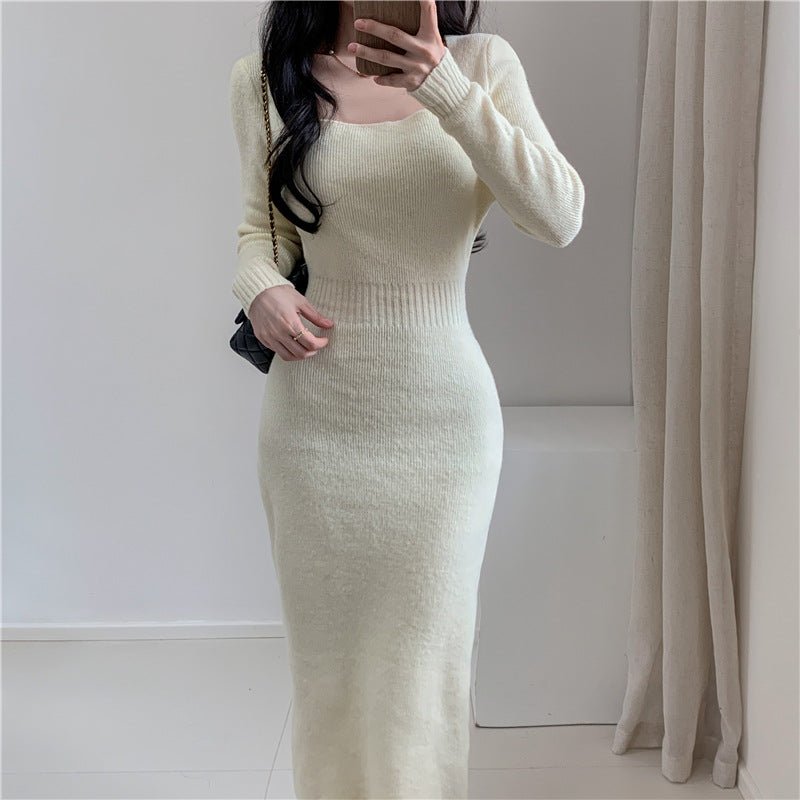 Square Collar Knitted dress Women's Autumn and Winter Design Feeling Base Skirt Tight Waist Slimming Long Skirt - Cozy & Co. Market