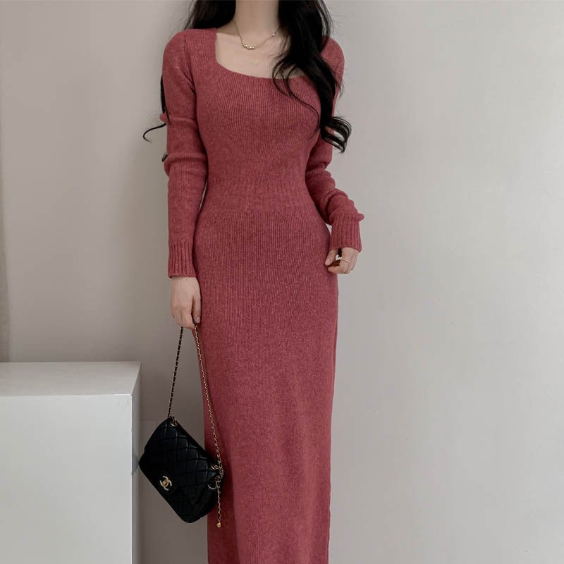 Square Collar Knitted dress Women's Autumn and Winter Design Feeling Base Skirt Tight Waist Slimming Long Skirt - Cozy & Co. Market