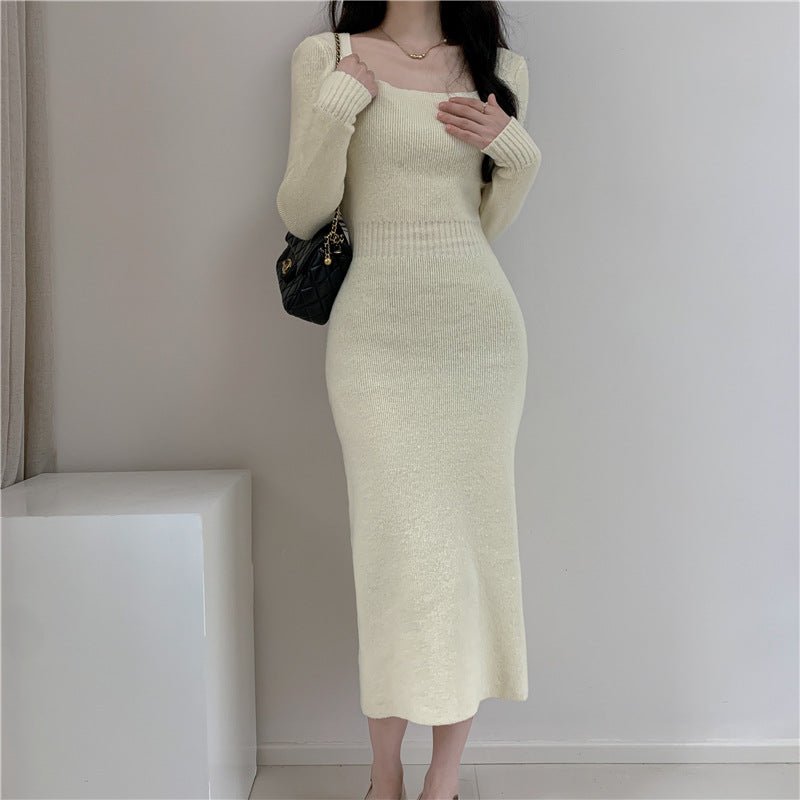 Square Collar Knitted dress Women's Autumn and Winter Design Feeling Base Skirt Tight Waist Slimming Long Skirt - Cozy & Co. Market