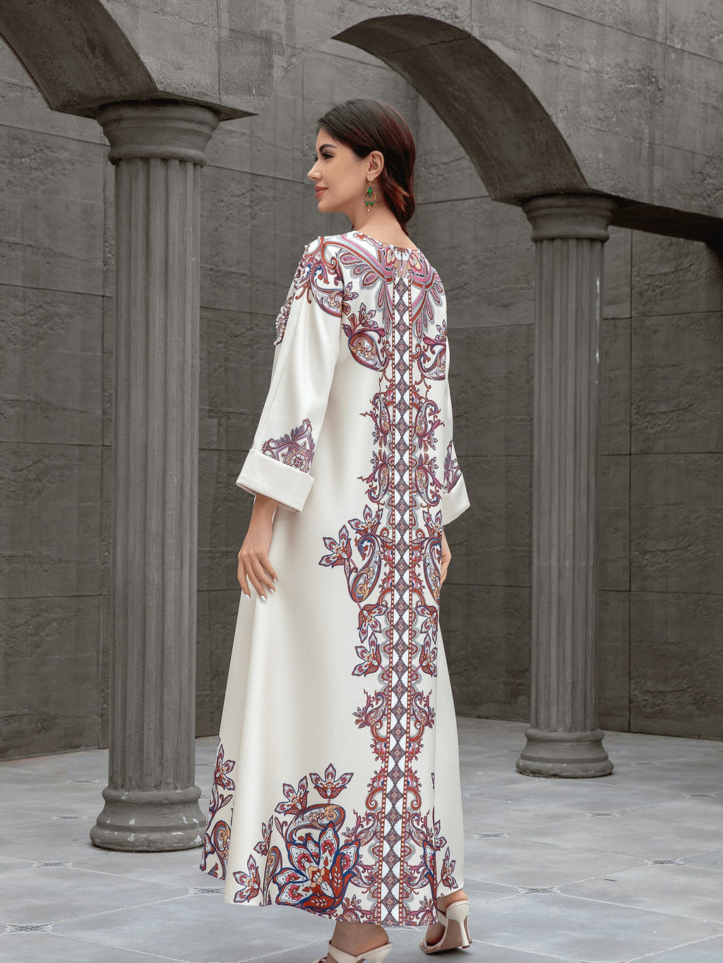 Sw0826 Middle East Cross-Border Muslim Women's Robe Elegant Printed Beaded Dress Dubai Export Abaya - Cozy & Co. Market