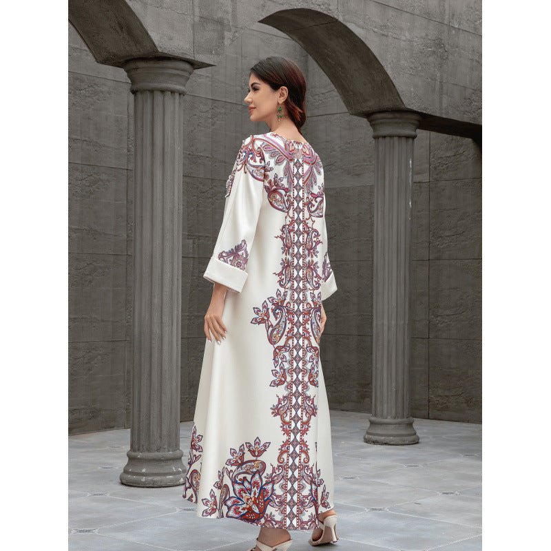 Sw0826 Middle East Cross-Border Muslim Women's Robe Elegant Printed Beaded Dress Dubai Export Abaya - Cozy & Co. Market