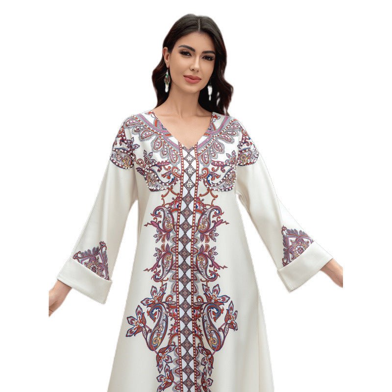 Sw0826 Middle East Cross-Border Muslim Women's Robe Elegant Printed Beaded Dress Dubai Export Abaya - Cozy & Co. Market
