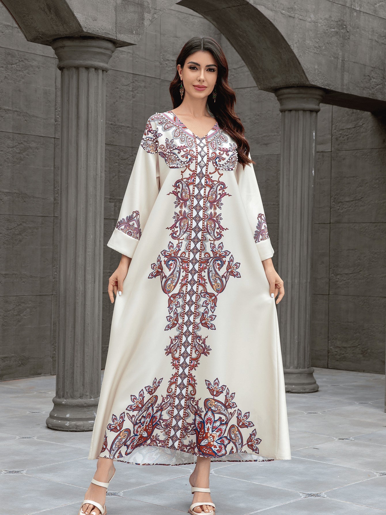 Sw0826 Middle East Cross-Border Muslim Women's Robe Elegant Printed Beaded Dress Dubai Export Abaya - Cozy & Co. Market