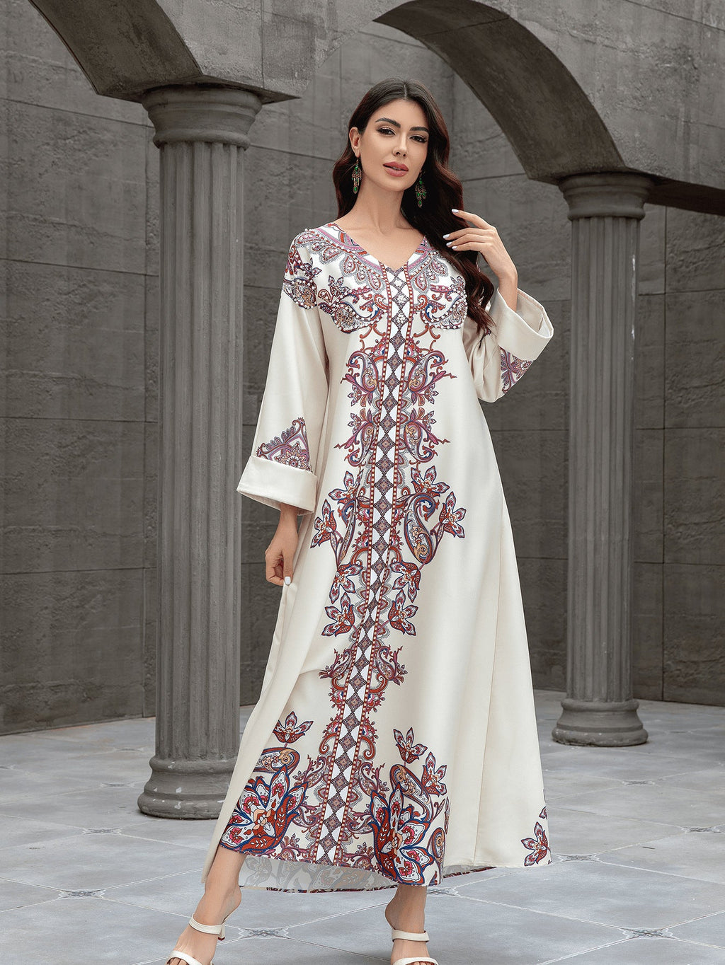 Sw0826 Middle East Cross-Border Muslim Women's Robe Elegant Printed Beaded Dress Dubai Export Abaya - Cozy & Co. Market