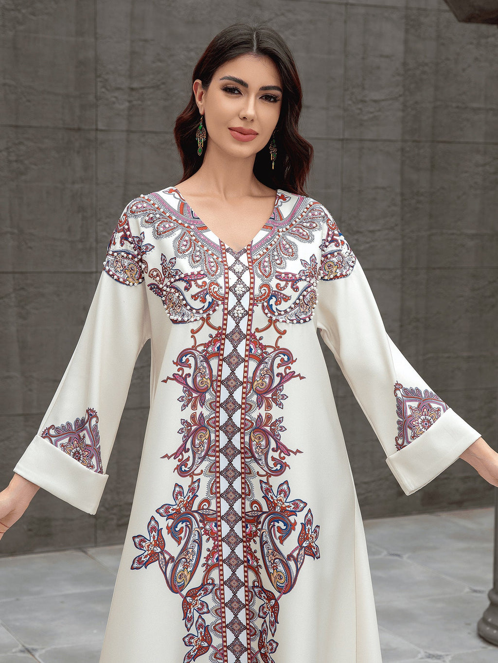 Sw0826 Middle East Cross-Border Muslim Women's Robe Elegant Printed Beaded Dress Dubai Export Abaya - Cozy & Co. Market