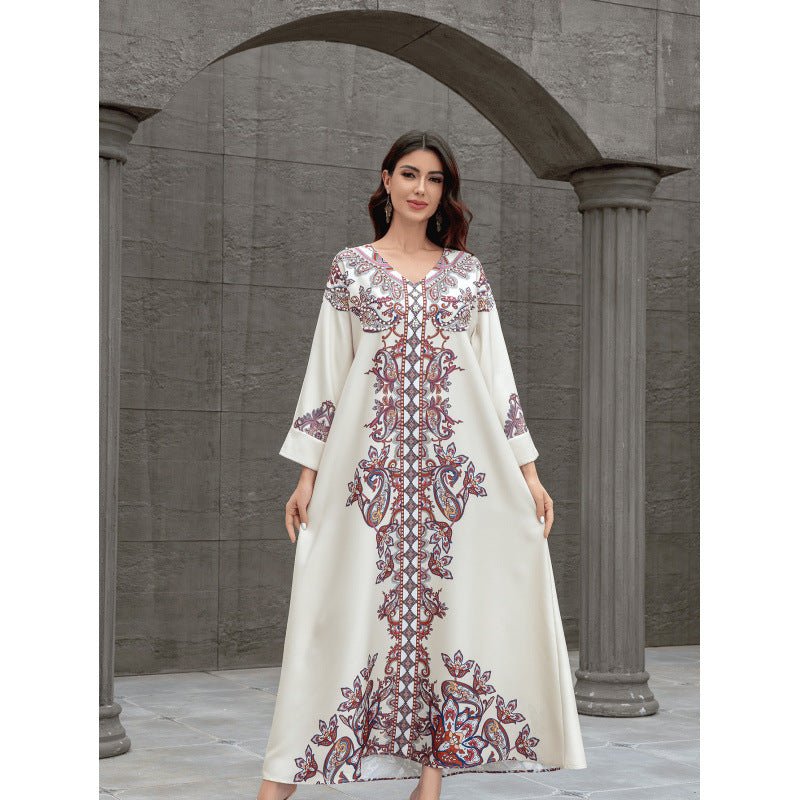 Sw0826 Middle East Cross-Border Muslim Women's Robe Elegant Printed Beaded Dress Dubai Export Abaya - Cozy & Co. Market