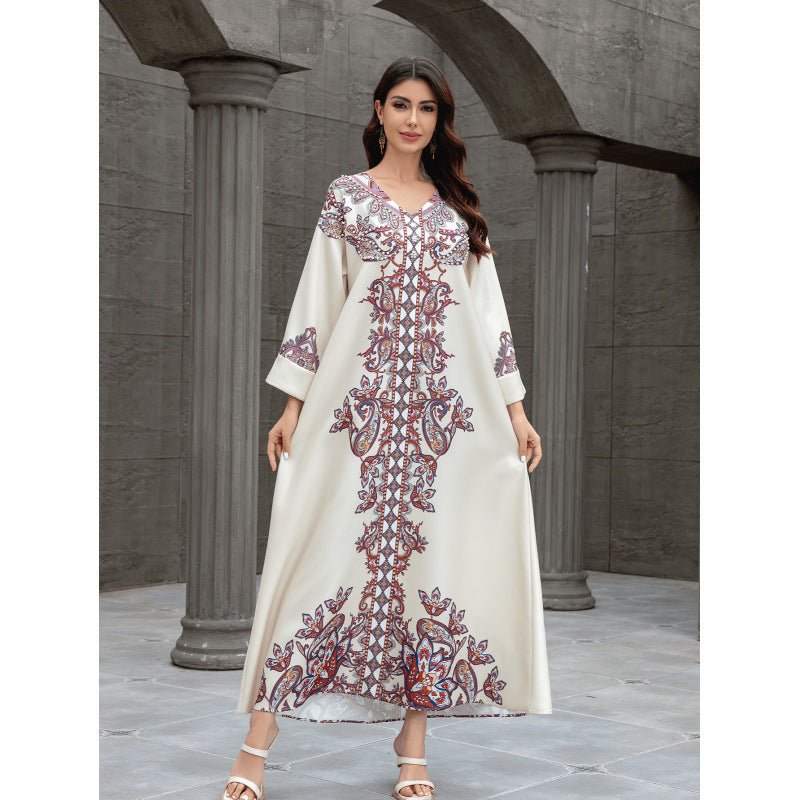 Sw0826 Middle East Cross-Border Muslim Women's Robe Elegant Printed Beaded Dress Dubai Export Abaya - Cozy & Co. Market