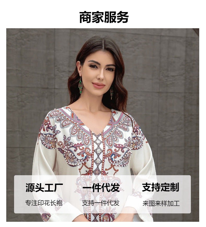 Sw0826 Middle East Cross-Border Muslim Women's Robe Elegant Printed Beaded Dress Dubai Export Abaya - Cozy & Co. Market