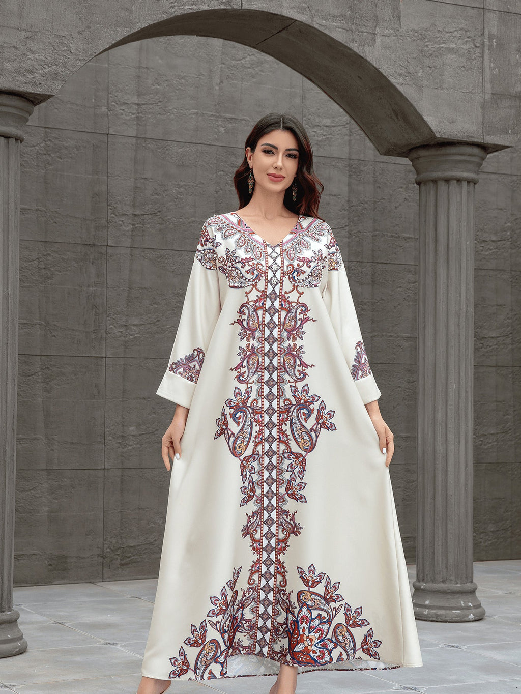 Sw0826 Middle East Cross-Border Muslim Women's Robe Elegant Printed Beaded Dress Dubai Export Abaya - Cozy & Co. Market