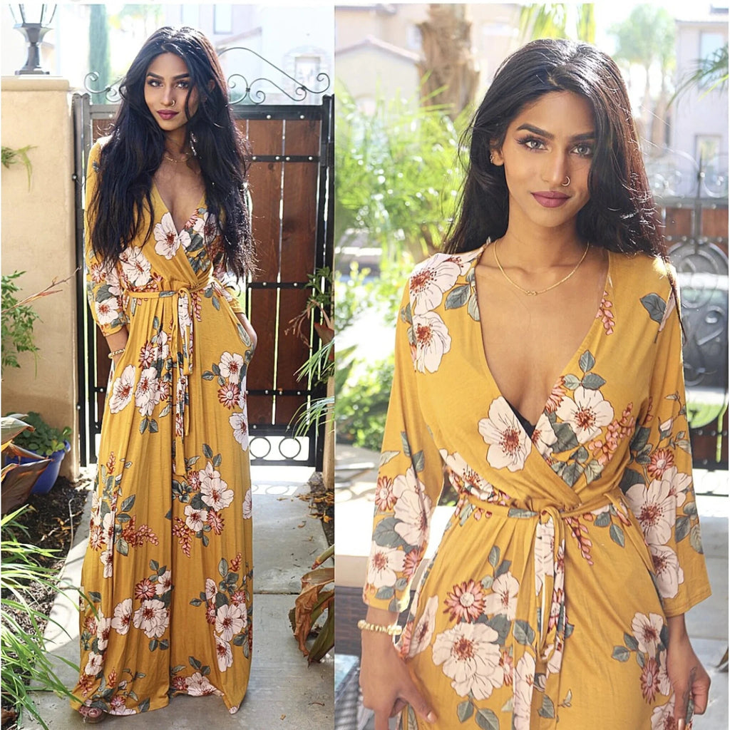 TD Boutique Maxi Dress Pockets Sunshine Floral Geometric Pattern Square Collar Empire Waistline Strapless Elegant XS for Day - Cozy & Co. Market