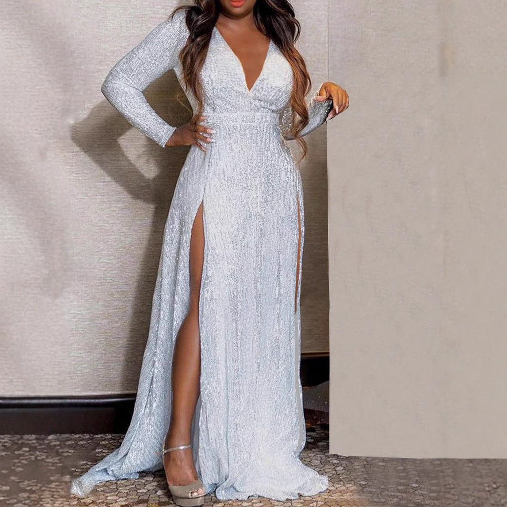 TD2506 European and American New Foreign Trade Spring and Autumn Sexy dress Split Solid Color Sequin Long Mop Evening Dress - Cozy & Co. Market