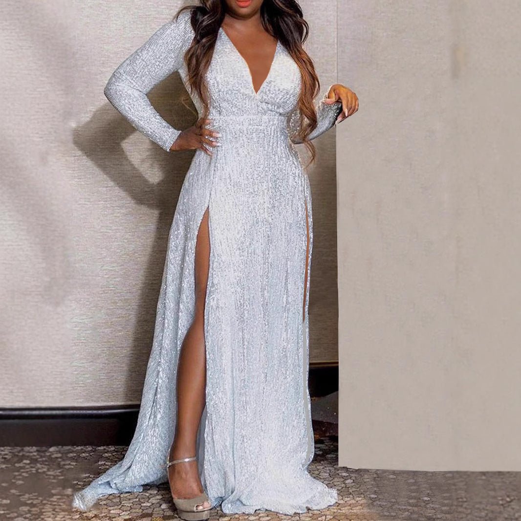 TD2506 European and American New Foreign Trade Spring and Autumn Sexy dress Split Solid Color Sequin Long Mop Evening Dress - Cozy & Co. Market