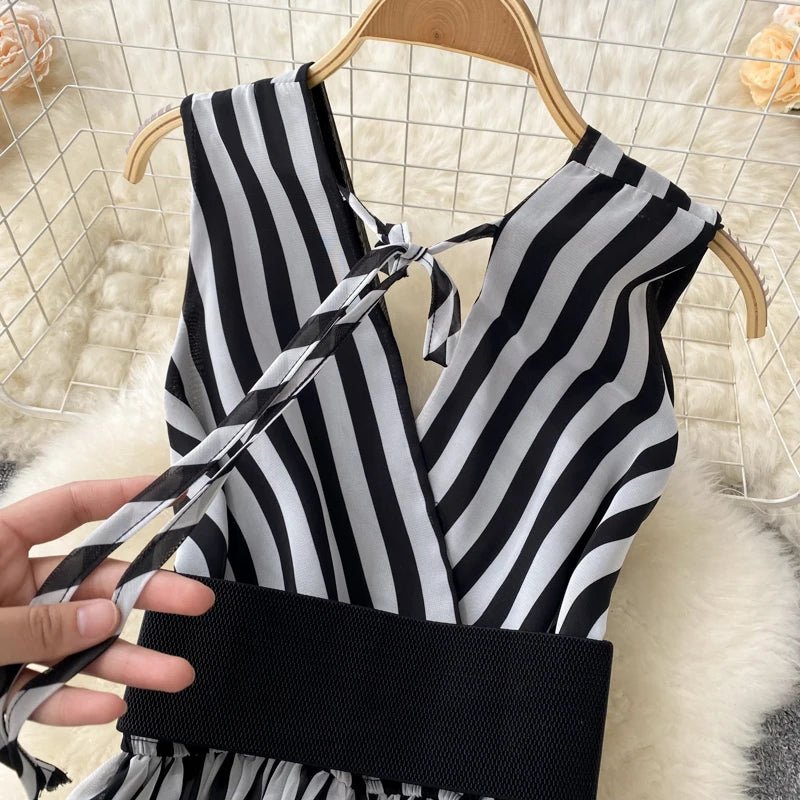Temperament V-neck Chiffon Stripe Waist Throwing Leggings Summer New Sleeveless Jumpsuit Women's Wide Leg Jumpsuit - Cozy & Co. Market