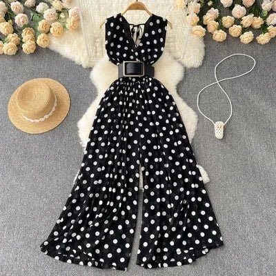 Temperament V-neck Chiffon Stripe Waist Throwing Leggings Summer New Sleeveless Jumpsuit Women's Wide Leg Jumpsuit - Cozy & Co. Market