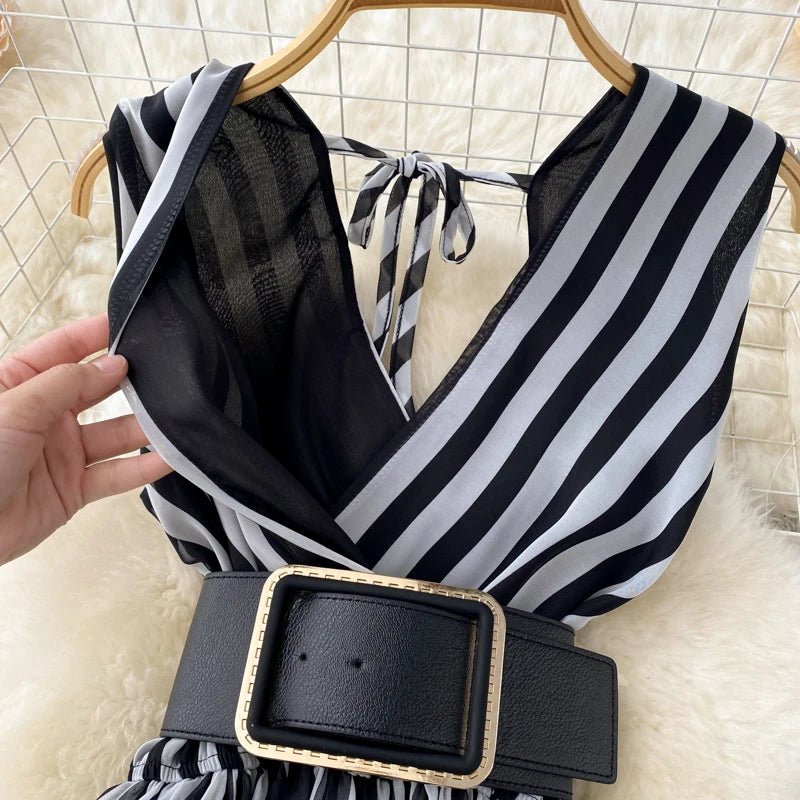 Temperament V-neck Chiffon Stripe Waist Throwing Leggings Summer New Sleeveless Jumpsuit Women's Wide Leg Jumpsuit - Cozy & Co. Market