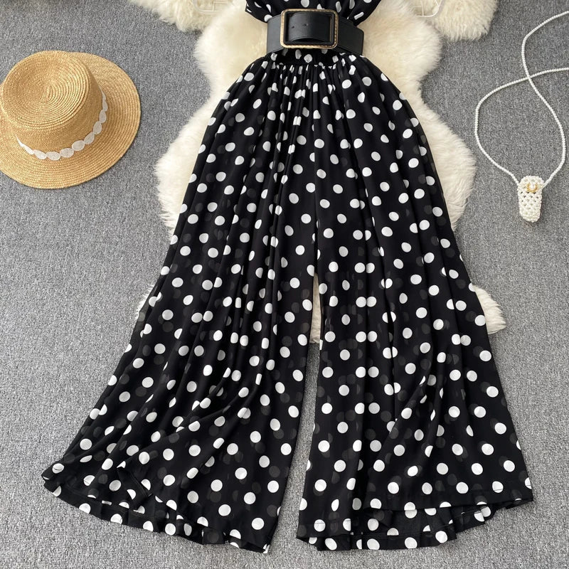 Temperament V-neck Chiffon Stripe Waist Throwing Leggings Summer New Sleeveless Jumpsuit Women's Wide Leg Jumpsuit - Cozy & Co. Market