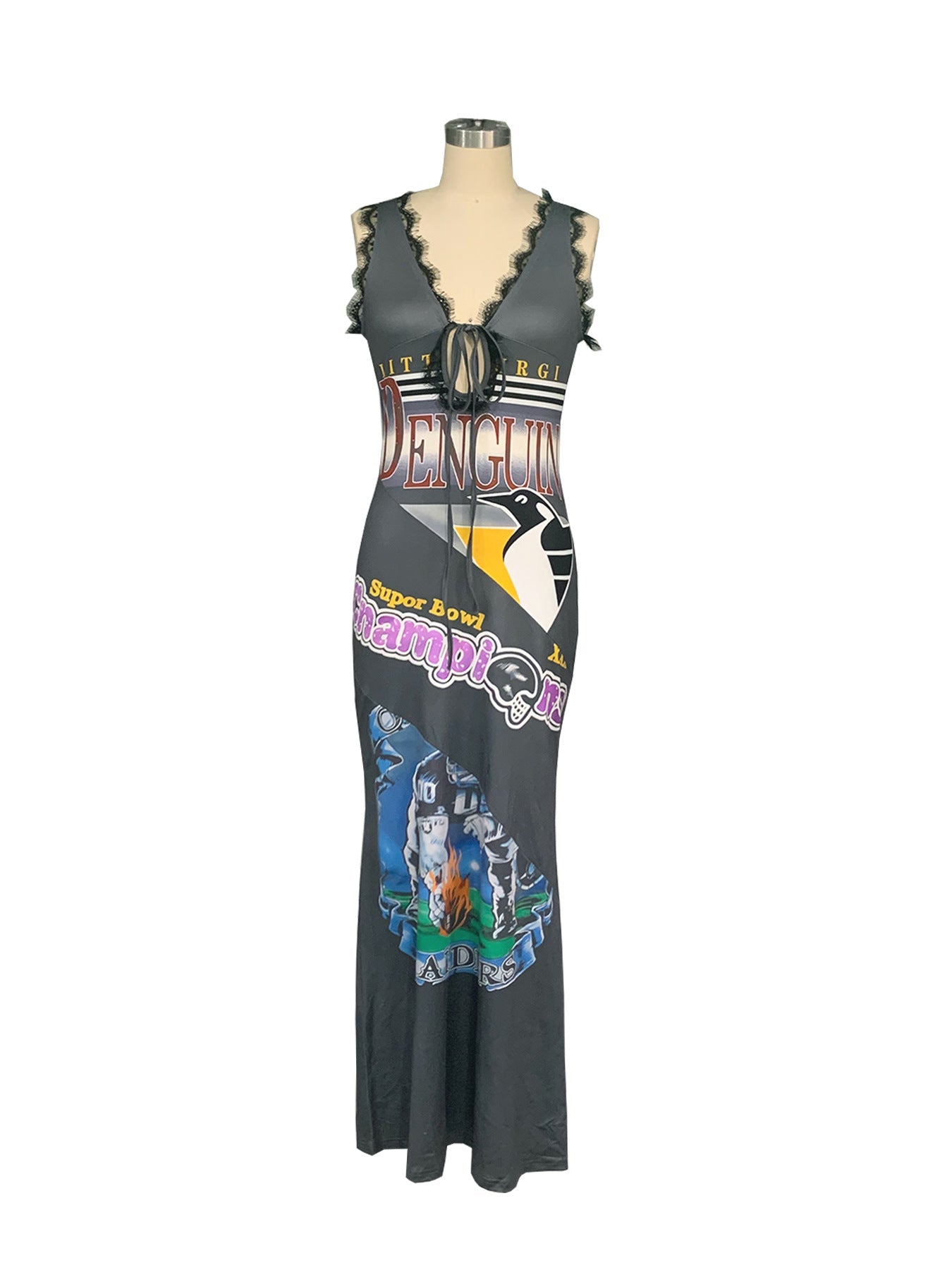 TW616 European and American Sexy Women's Lace-up V-neck Sleeveless dress American Style Street Hot Girl Printed Lace Long Dress with Sling - Cozy & Co. Market