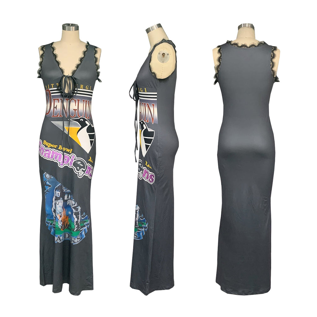 TW616 European and American Sexy Women's Lace-up V-neck Sleeveless dress American Style Street Hot Girl Printed Lace Long Dress with Sling - Cozy & Co. Market