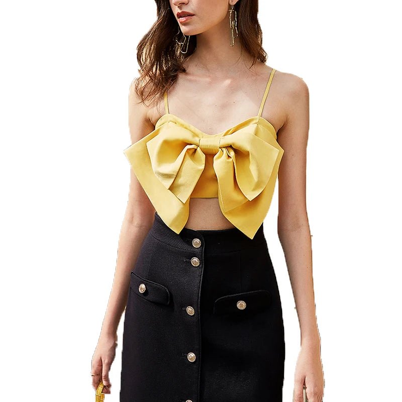 TWOTWINSTYLE Square Collar Sleeveless Backless Pullover Patchwork Bow Women Vest Tank Yellow Crop Tops - Cozy & Co. Market