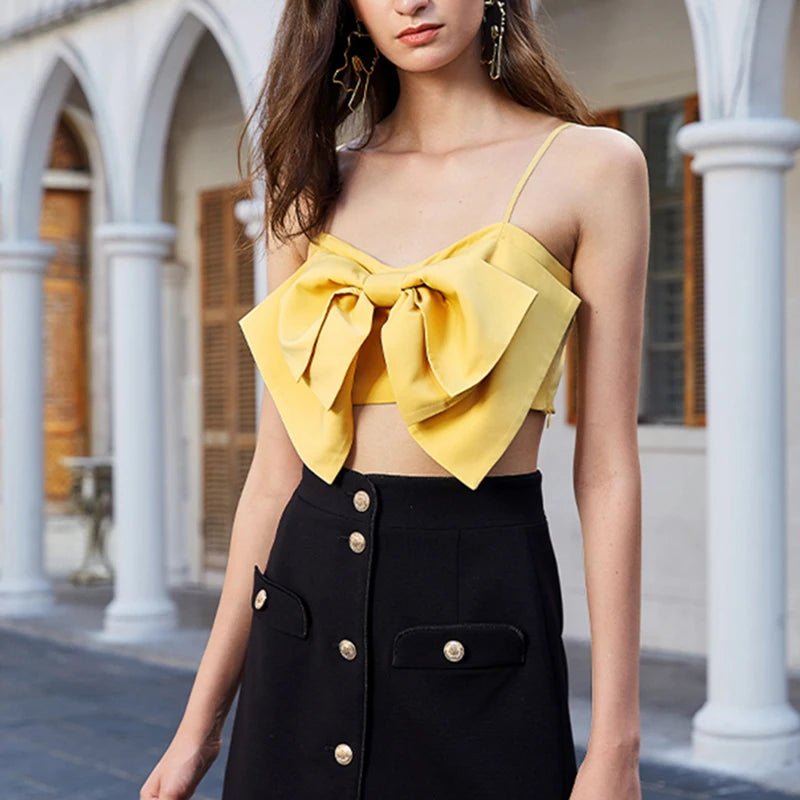 TWOTWINSTYLE Square Collar Sleeveless Backless Pullover Patchwork Bow Women Vest Tank Yellow Crop Tops - Cozy & Co. Market