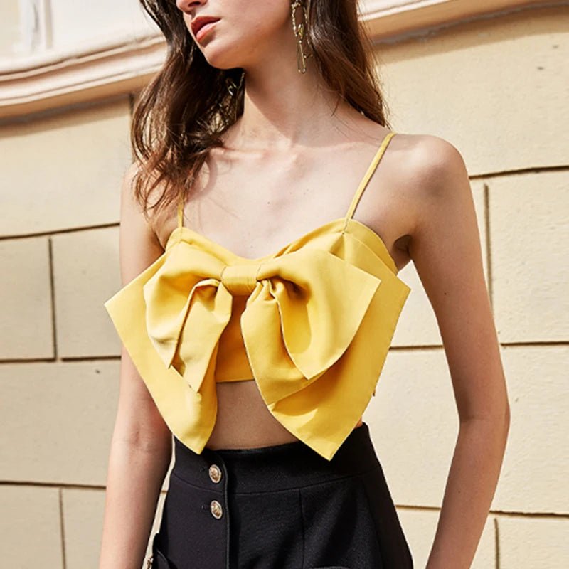 TWOTWINSTYLE Square Collar Sleeveless Backless Pullover Patchwork Bow Women Vest Tank Yellow Crop Tops - Cozy & Co. Market