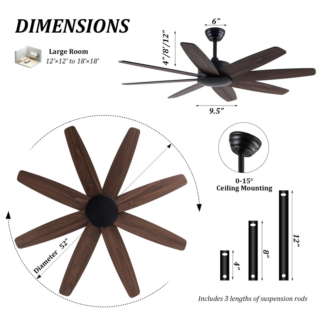 USA in Stock 52 Inch Modern 8 Wood Blades Quiet DC Motor Living Room Ceiling Fan with Light - Cozy & Co. Market