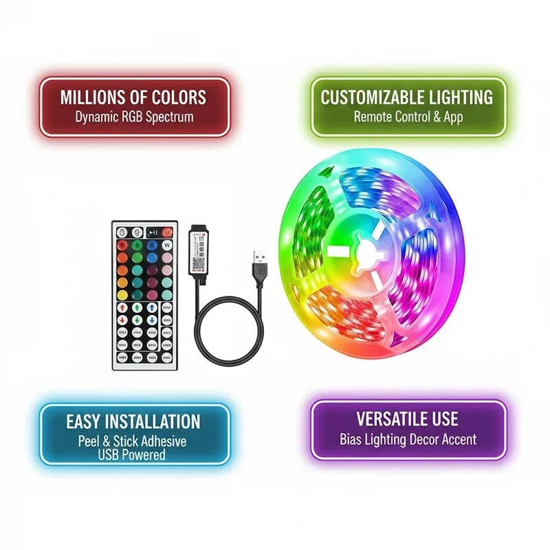 USB LED Strip Lights — TV Backlight & Room Glow Tape (1–5m) - Cozy & Co. Market