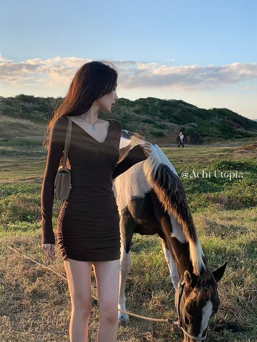 V-neck dress Women's Autumn and Winter New High-end Pleated Hot Girl's Hip Skirt Short Slim-fit Slimming Short Skirt - Cozy & Co. Market