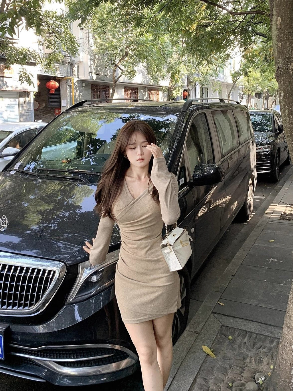 V-Neck fleece-lined Warm dress Women's Autumn and Winter Slim-Fit Slimming Bottoming Skirt Hot Girl Long-Sleeved Skirt - Cozy & Co. Market