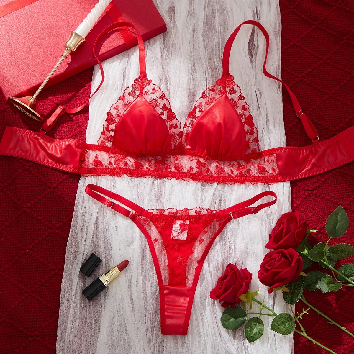 Valentine's Day New Style Sexy Exquisite Romantic Burgundy Lace Embroidery Adjustable Women's Lingerie Set - Cozy & Co. Market