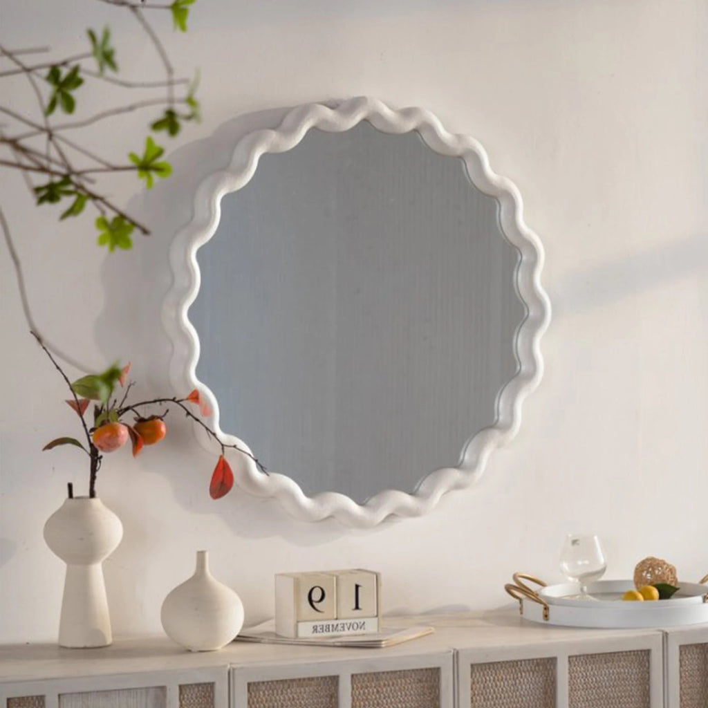 White Scalloped Round Wall Mirror, Wavy Frame for Living Room/Bedroom/Bathroom Decor - Cozy & Co. Market