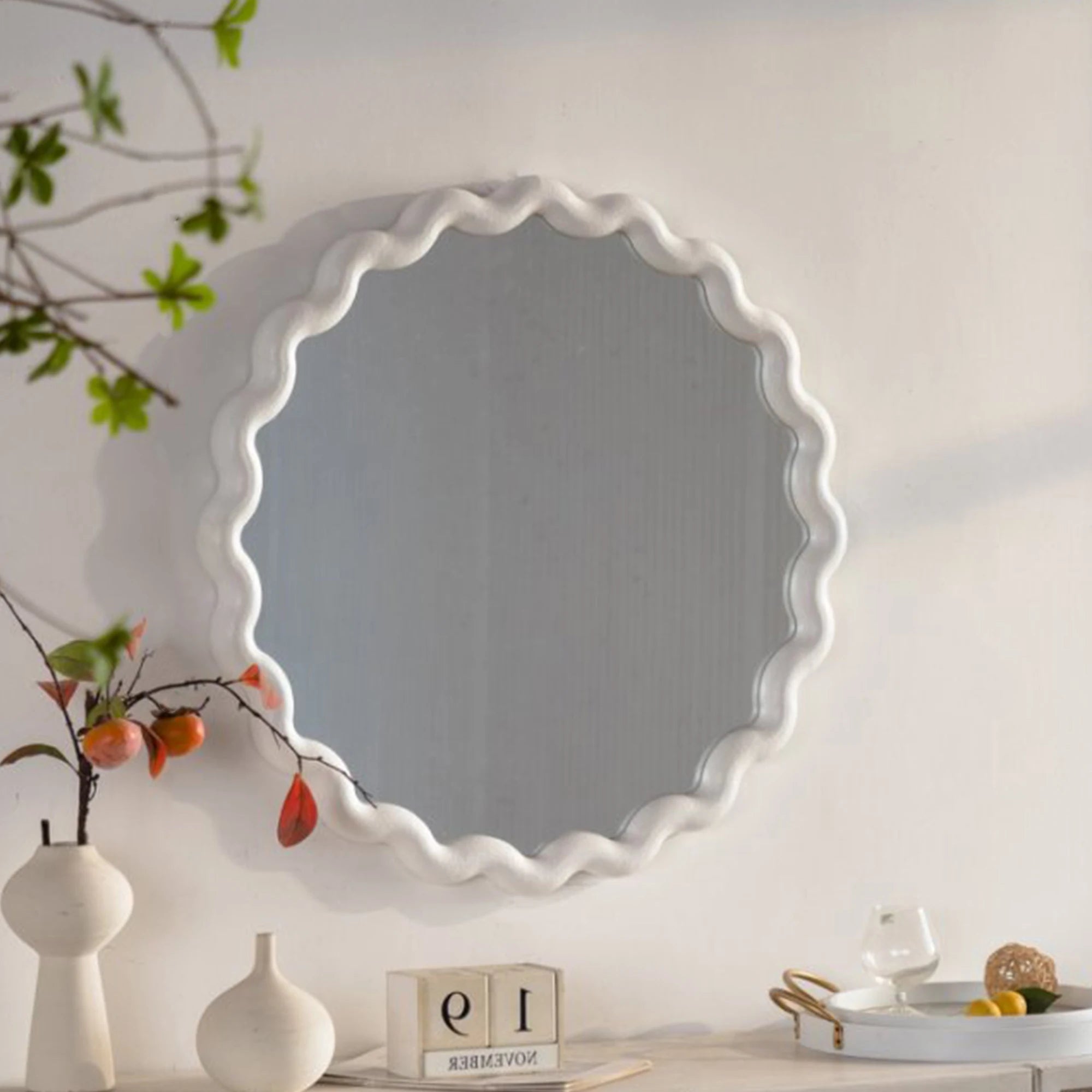 White Scalloped Round Wall Mirror, Wavy Frame for Living Room/Bedroom/Bathroom Decor - Cozy & Co. Market
