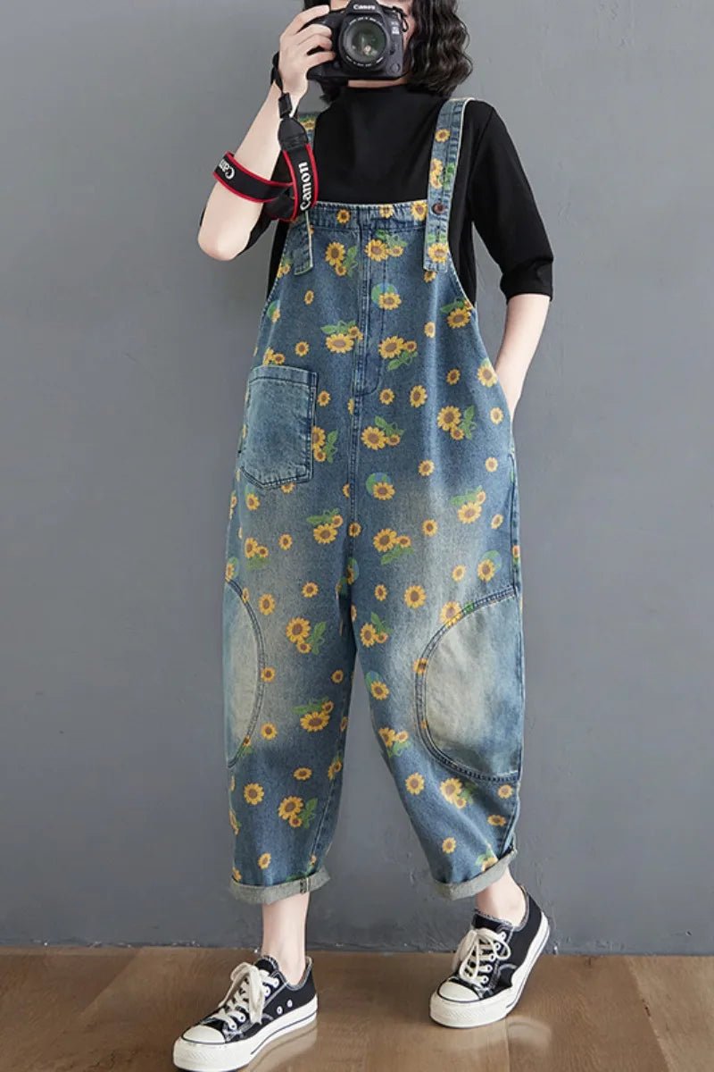 Wholesale Retro Art and Age Reduction Printing Denim Straps for Women Spring and Autumn 2026 New Large Skinny Jumpsuit - Cozy & Co. Market