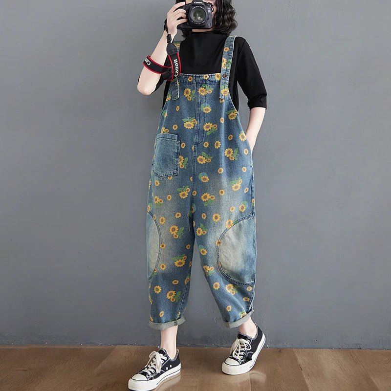 Wholesale Retro Art and Age Reduction Printing Denim Straps for Women Spring and Autumn 2026 New Large Skinny Jumpsuit - Cozy & Co. Market