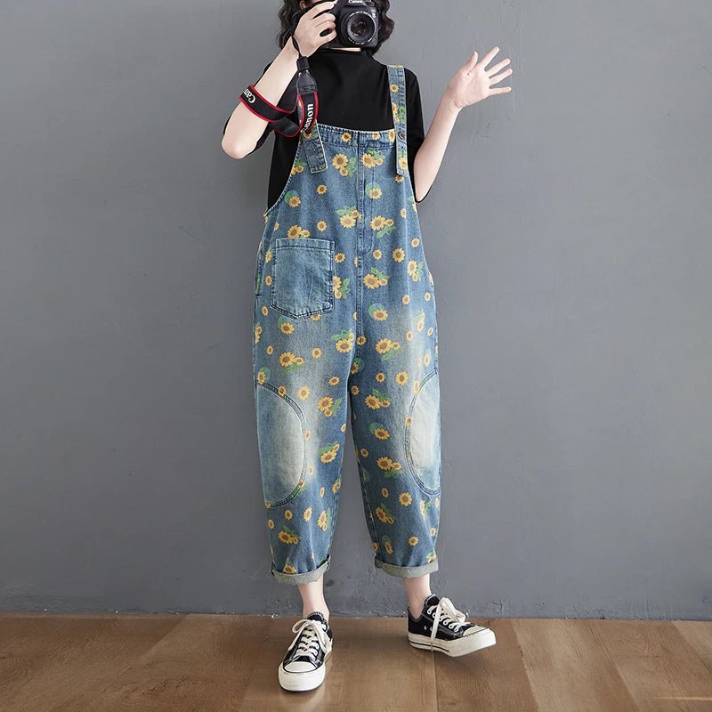 Wholesale Retro Art and Age Reduction Printing Denim Straps for Women Spring and Autumn 2026 New Large Skinny Jumpsuit - Cozy & Co. Market