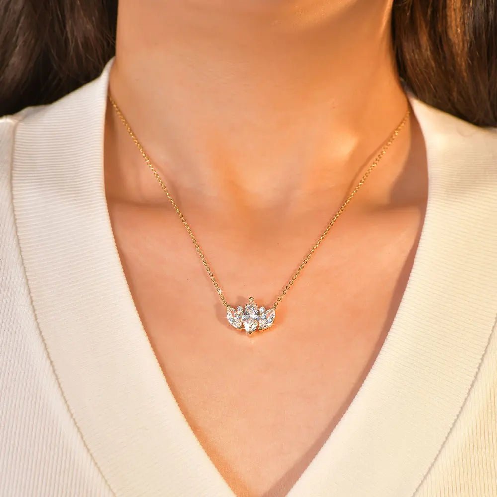 Wholesale Trendy Olive Leaf Shiny Gold Plated Marquise Round Cubic Zirconia V-Neck Collarbone Chain Pendant Necklace for Women - Cozy & Co. Market