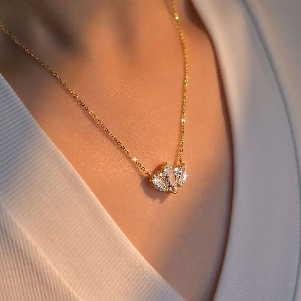 Wholesale Trendy Olive Leaf Shiny Gold Plated Marquise Round Cubic Zirconia V-Neck Collarbone Chain Pendant Necklace for Women - Cozy & Co. Market