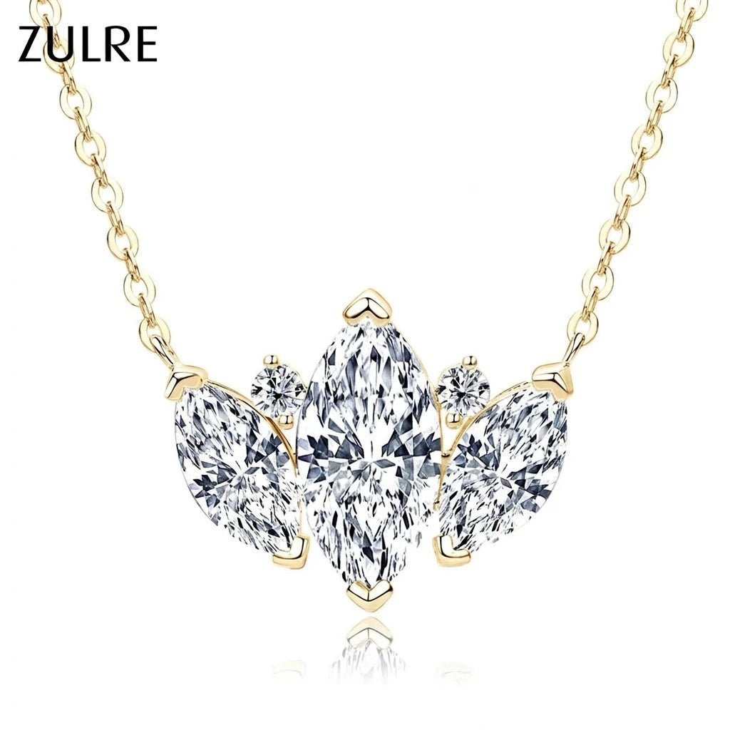 Wholesale Trendy Olive Leaf Shiny Gold Plated Marquise Round Cubic Zirconia V-Neck Collarbone Chain Pendant Necklace for Women - Cozy & Co. Market