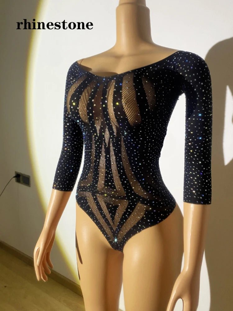 Women See Through Body Stockings Mesh Long Sleeves Costumes Fishnet Rhinestones Lingerie Sexy Bodysuit - Cozy & Co. Market