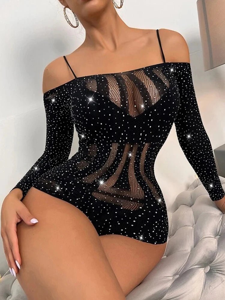 Women See Through Body Stockings Mesh Long Sleeves Costumes Fishnet Rhinestones Lingerie Sexy Bodysuit - Cozy & Co. Market